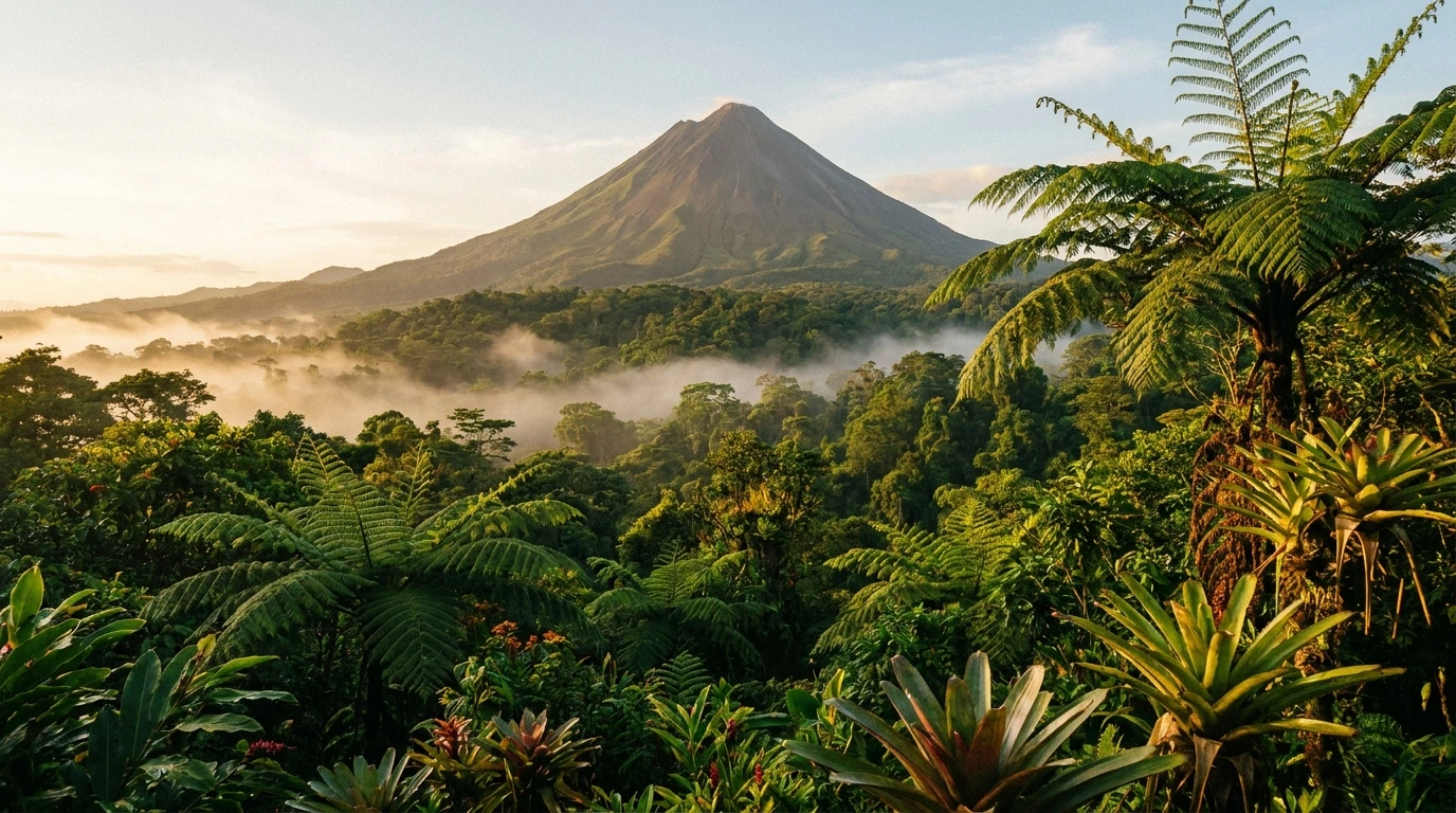 Costa Rica — Arenal Volcano above misty emerald rainforest