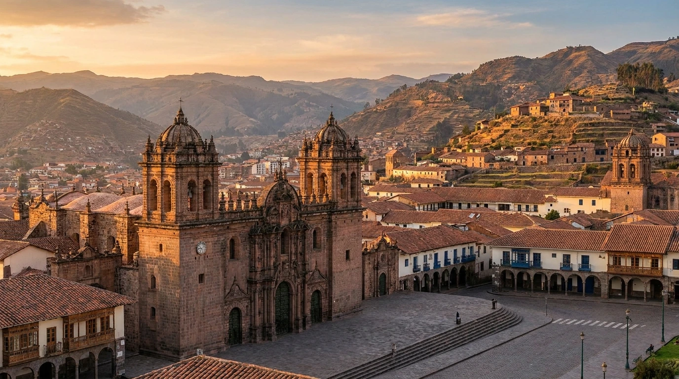 Cusco, Peru — the Plaza de Armas cathedral below the Andes