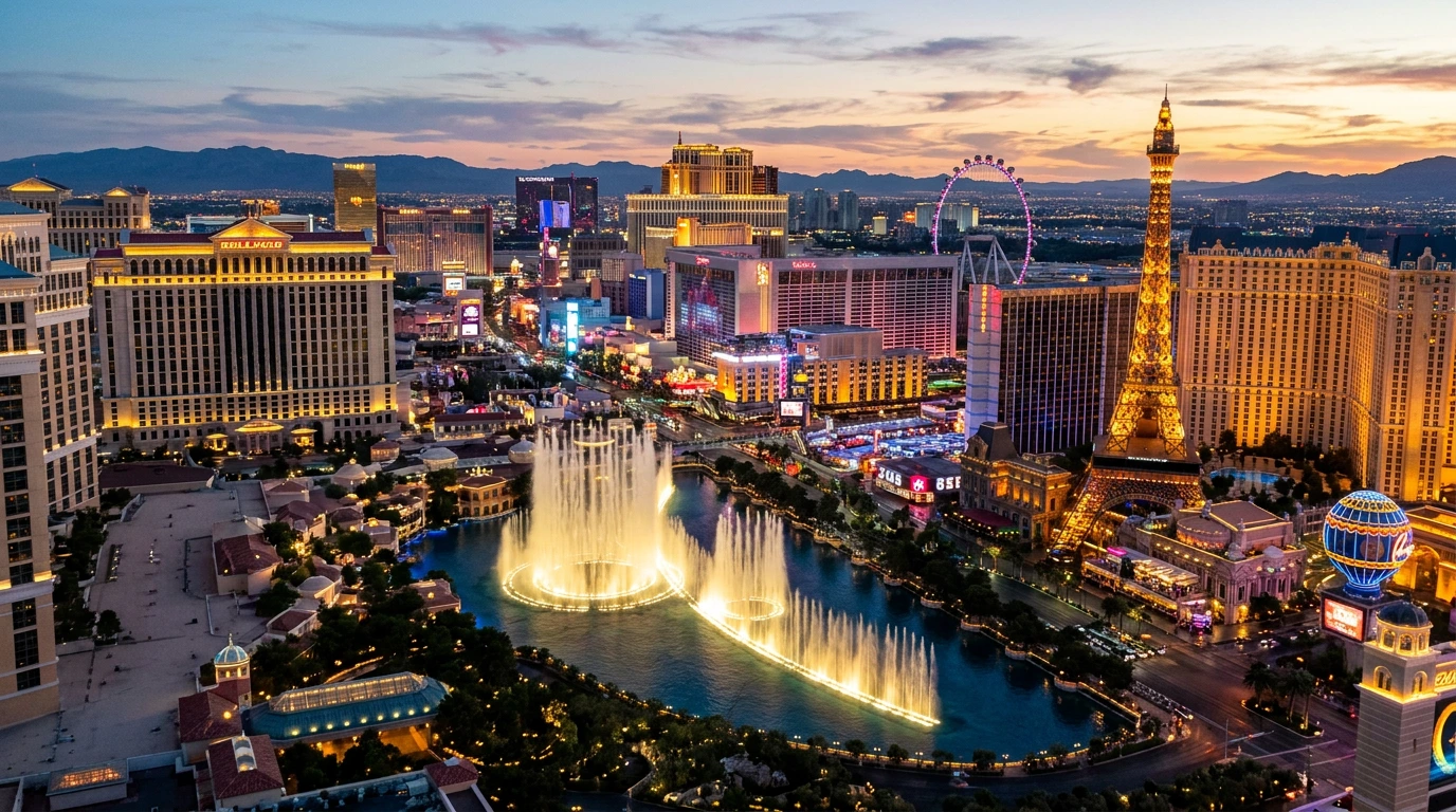 Las Vegas, Nevada — the Strip skyline and Bellagio fountains at dusk