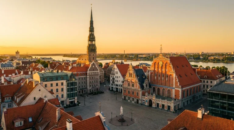 Riga, Latvia — old town spires and red rooftops at golden hour