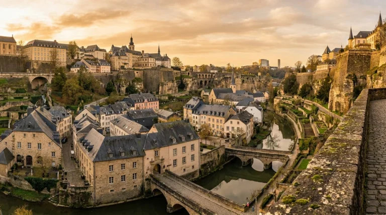 Luxembourg City — the Grund quarter and Alzette valley ramparts at golden hour