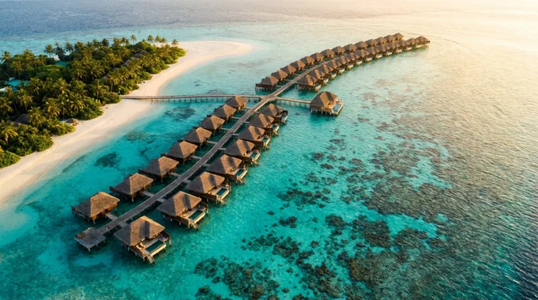 Maldives — overwater villas above a turquoise lagoon, aerial