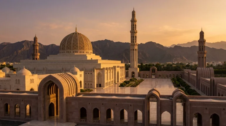 Muscat, Oman — the Sultan Qaboos Grand Mosque at golden hour