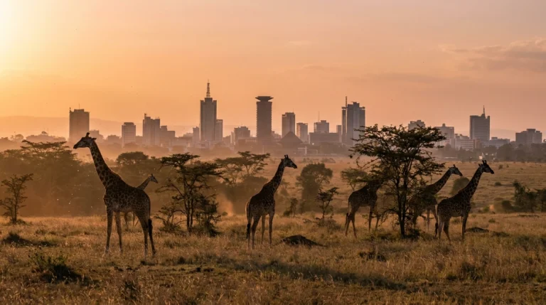 Nairobi, Kenya — giraffes on the savanna with the city skyline behind