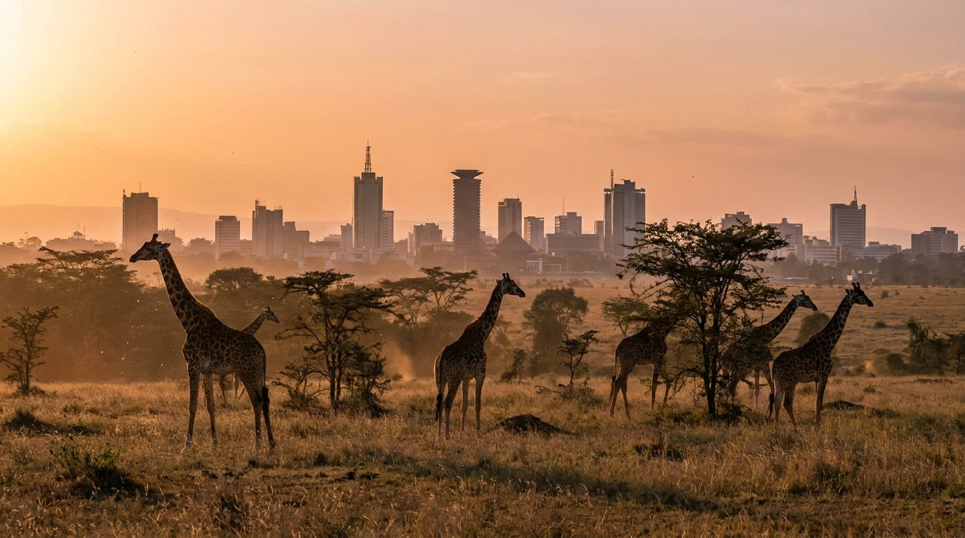 Nairobi, Kenya — giraffes on the savanna with the city skyline behind