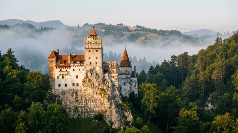 Bran Castle, Romania — medieval fortress on a wooded cliff in the misty Carpathians at golden hour