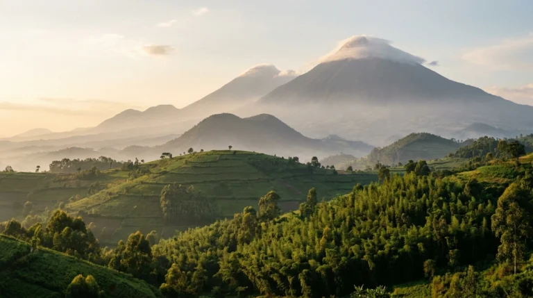 Volcanoes National Park, Rwanda — misty volcanic peaks over terraced green hills
