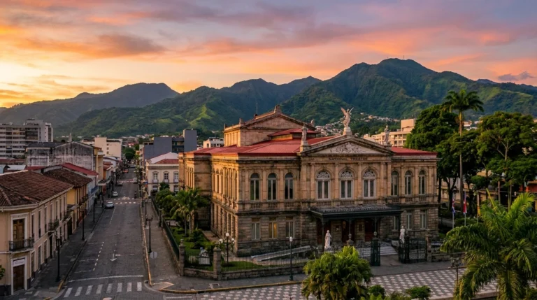 San José, Costa Rica — the National Theatre with green volcanic mountains behind