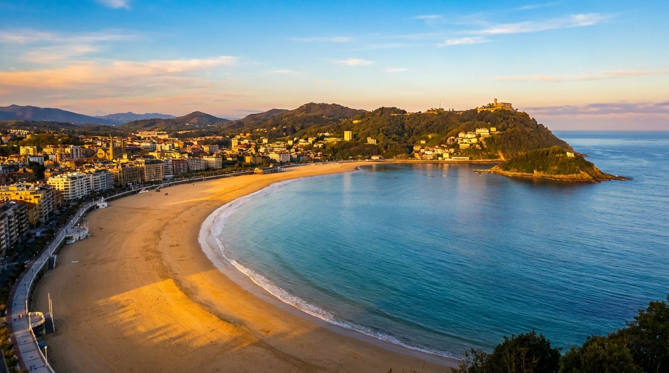 San Sebastián, Spain — La Concha Bay crescent beach and Monte Igueldo