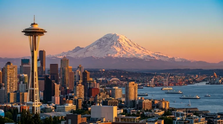 Seattle, Washington — the Space Needle and skyline with Mount Rainier behind