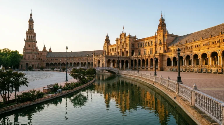 Seville, Spain — the Plaza de España semicircle and canal at golden hour