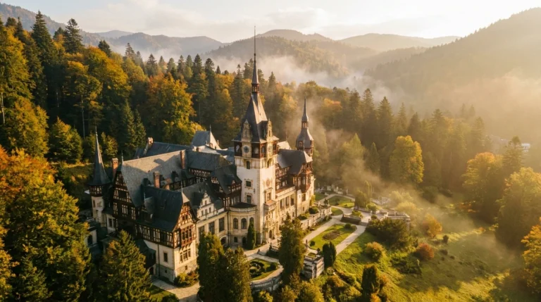 Sinaia, Romania — Peleș Castle in the forested Carpathian mountains