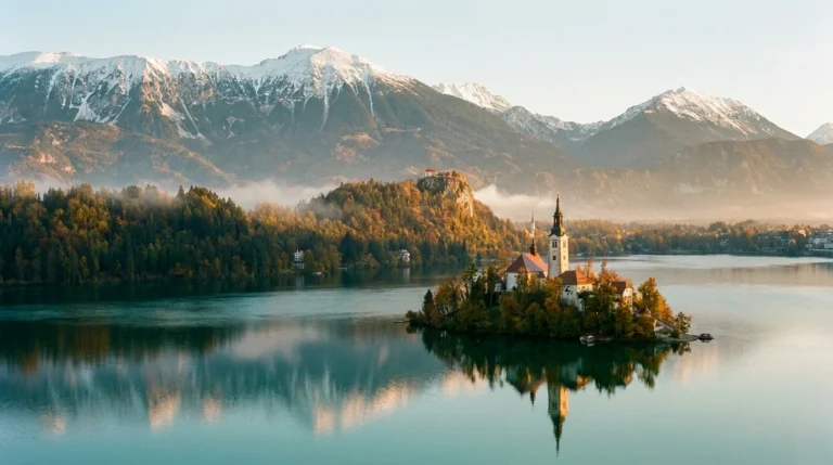 Lake Bled, Slovenia — island church and clifftop castle with the Julian Alps