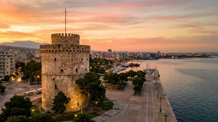 Thessaloniki, Greece — the White Tower on the Thermaic Gulf waterfront