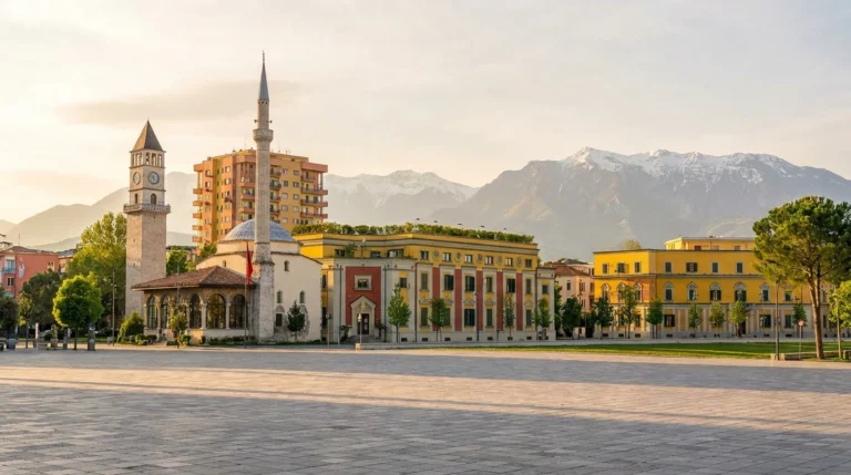 Tirana, Albania — colorful Skanderbeg Square with mountains behind