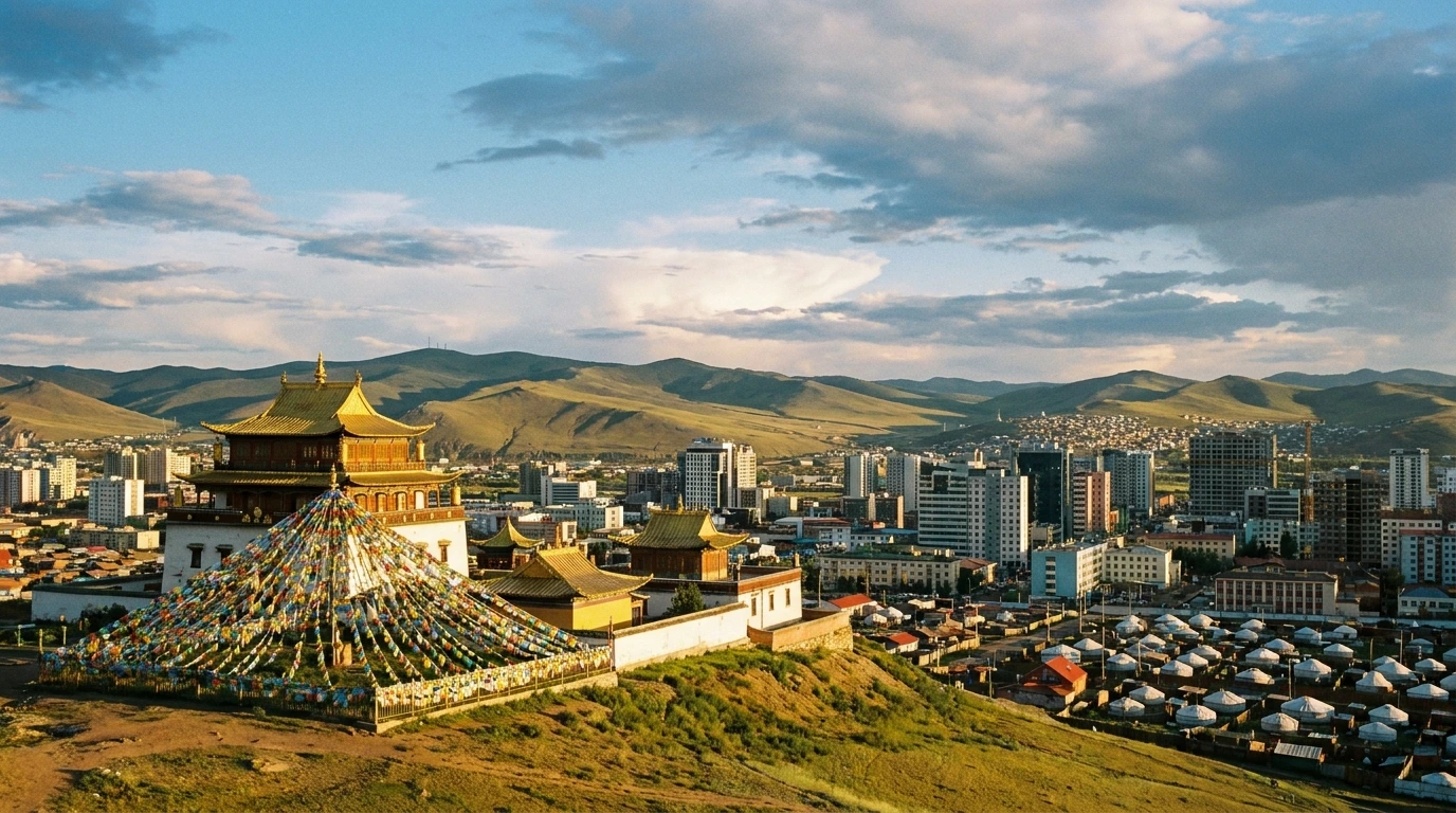 Ulaanbaatar, Mongolia — Gandan Monastery with the city and steppe mountains