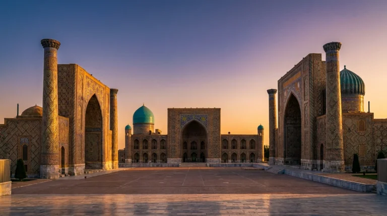 Registan Square, Samarkand, Uzbekistan — turquoise-tiled madrasas at golden hour
