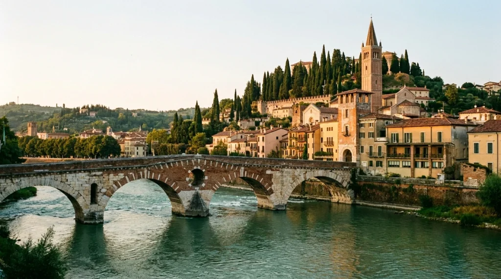 Verona, Italy — Ponte Pietra over the Adige river at golden hour