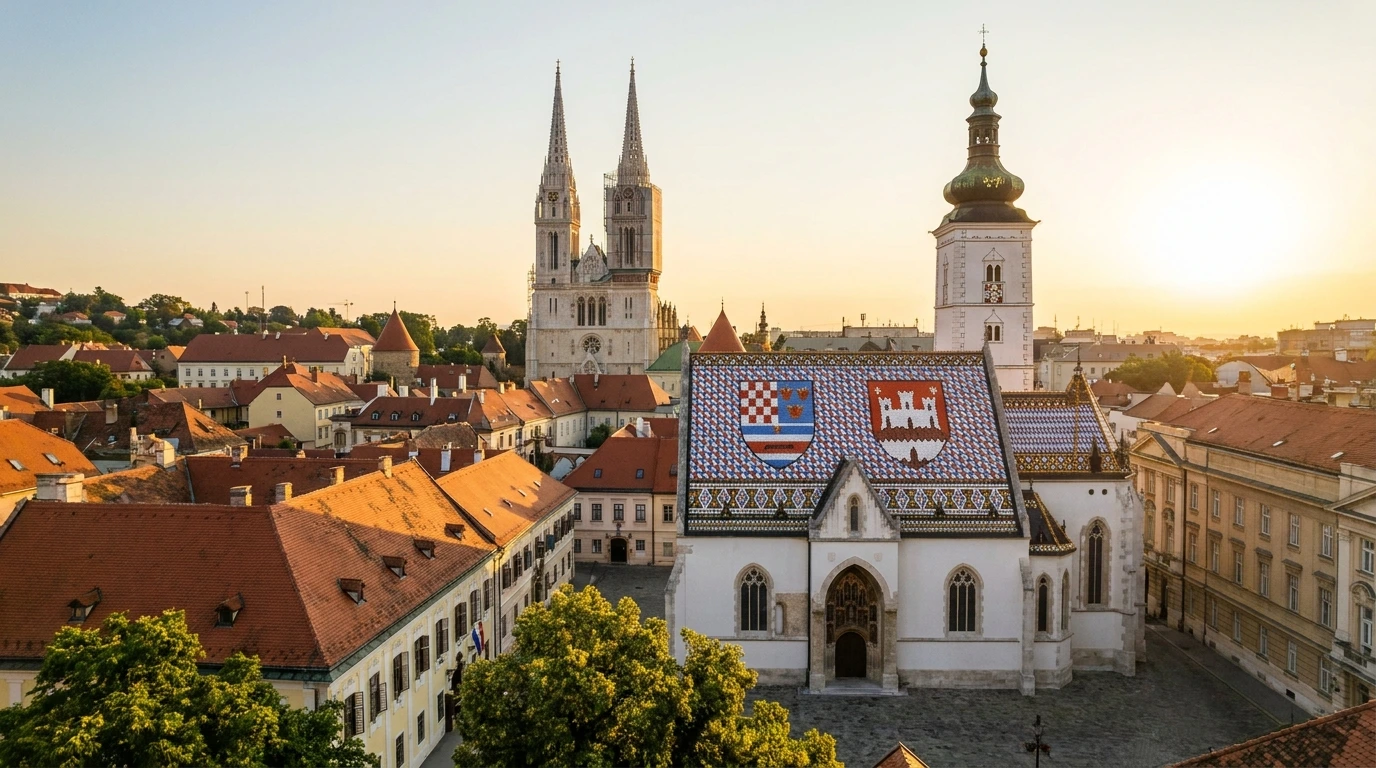 Zagreb, Croatia — St. Mark’s tiled roof and the cathedral spires in the Upper Town