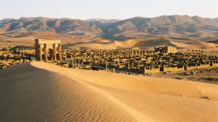 The vast Saharan dunes and empty Roman ruins of Timgad, Algeria