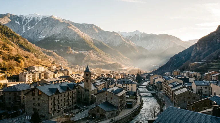 Andorra la Vella and the Pyrenees ridgelines at golden hour
