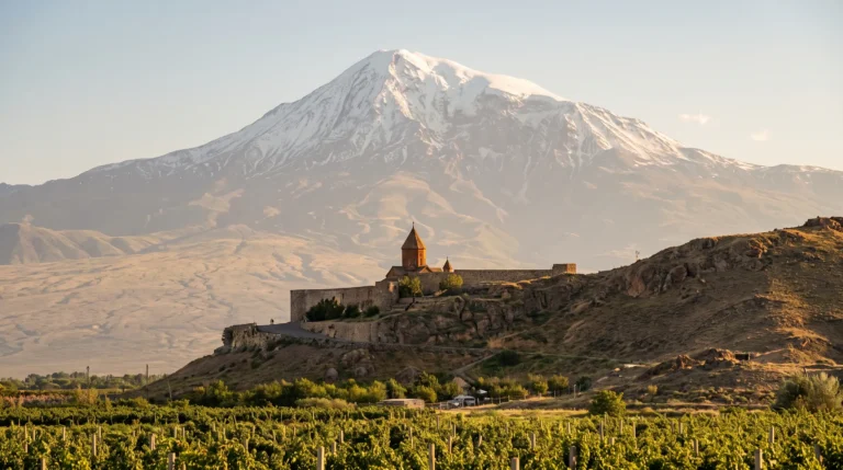 The medieval Khor Virap monastery beneath snow-capped Mount Ararat, Armenia
