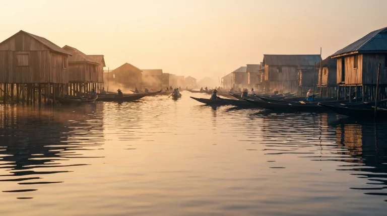 Ganvié stilt village at sunrise