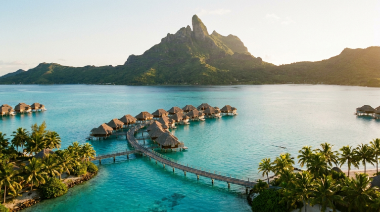 Bora Bora overwater bungalows and Mount Otemanu