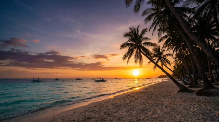White Beach's palm-lined turquoise shoreline at sunset, Boracay