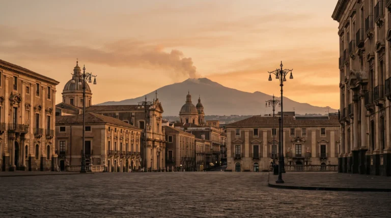Baroque Catania with smoking Mount Etna behind the city, Sicily