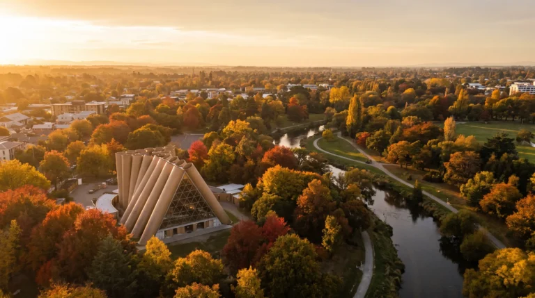 Cardboard Cathedral + Hagley Park autumn aerial