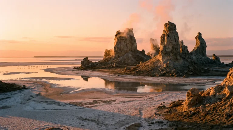 Lac Abbé limestone chimneys at sunrise
