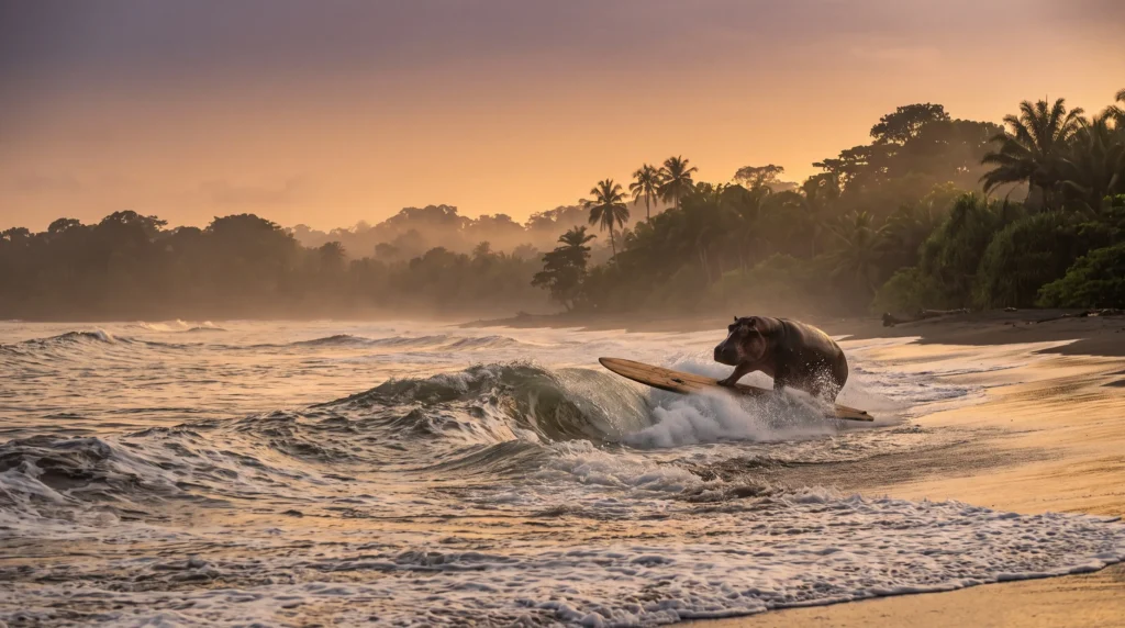 Loango coast, surfing hippo / rainforest-meets-Atlantic