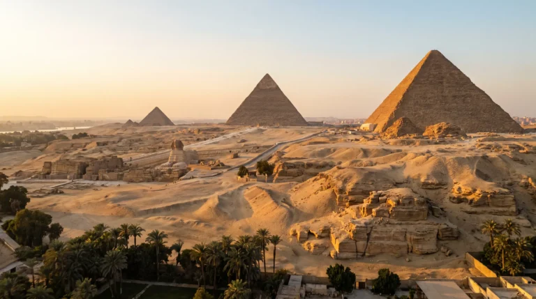 Giza Plateau, three pyramids + Sphinx at golden hour