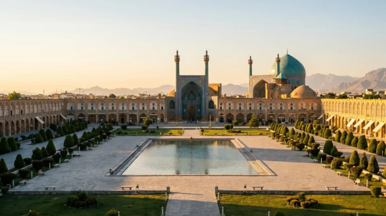 Isfahan's turquoise-tiled Naqsh-e Jahan Square and domes at golden hour, Iran