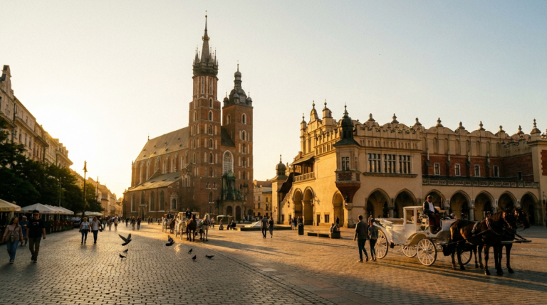 Kraków's Rynek Główny main square with St. Mary's Basilica and the Cloth Hall at sunset