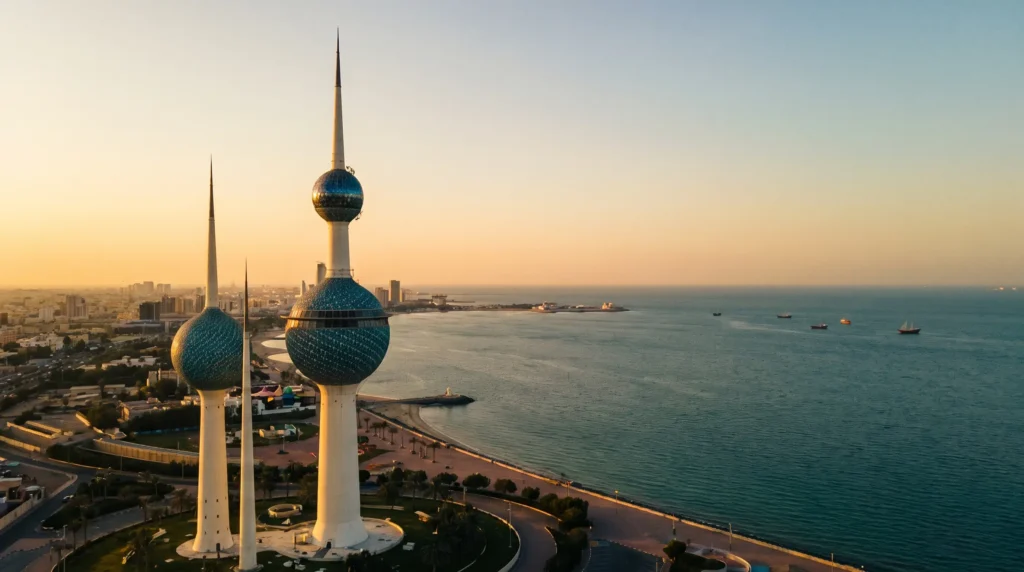 Kuwait Towers at dusk, Persian Gulf
