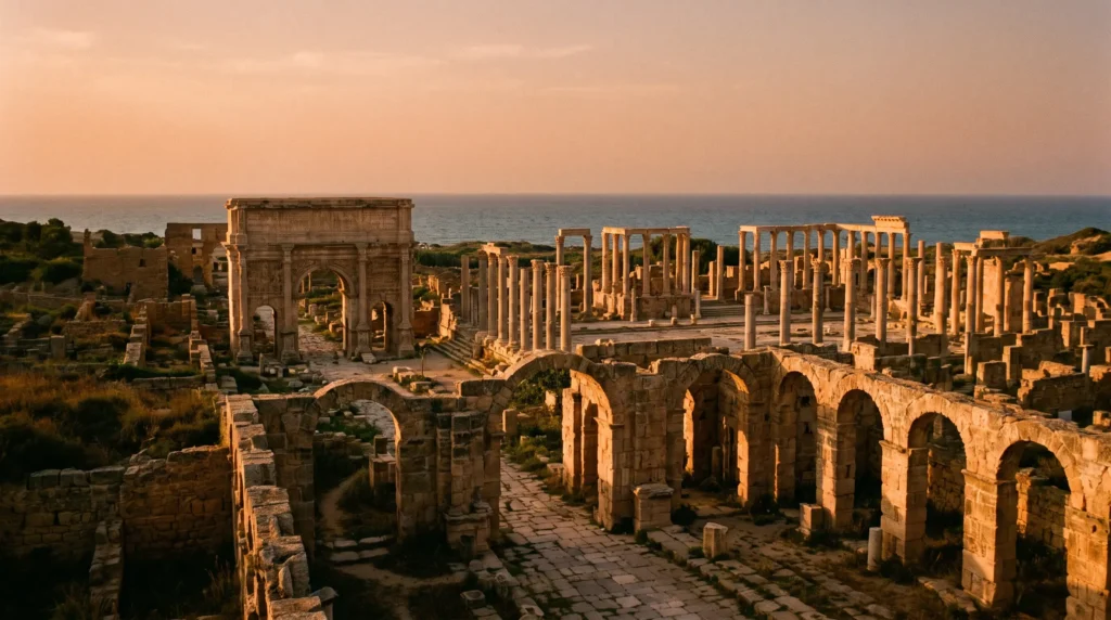 The Roman ruins of Leptis Magna against the Mediterranean, Libya