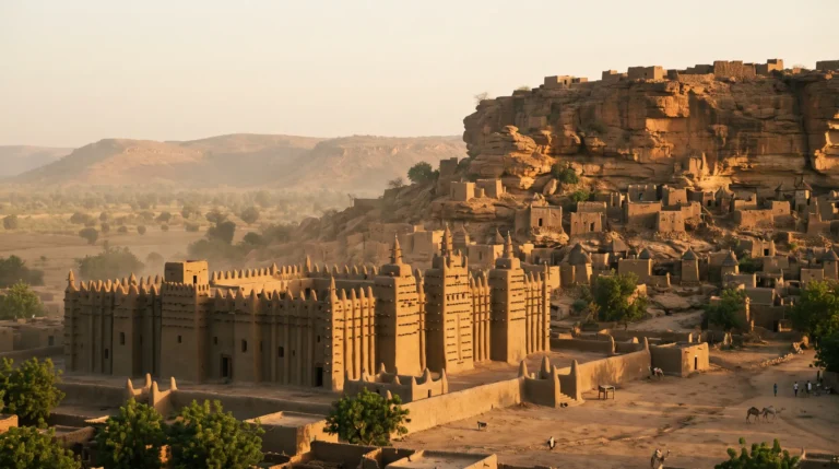 Djenné Great Mosque at golden hour, or Dogon cliff