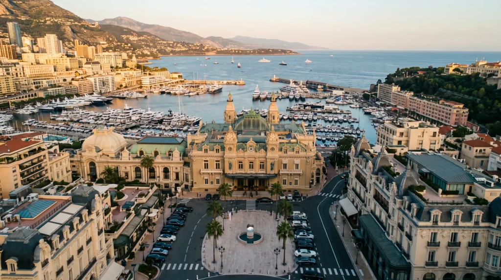 Monte Carlo harbor + Casino Square aerial