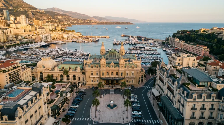 Monte Carlo harbor + Casino Square aerial