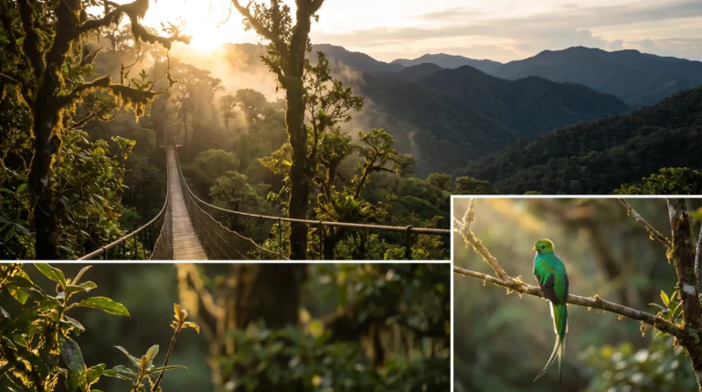 Cloud forest canopy walkway or resplendent quetzal