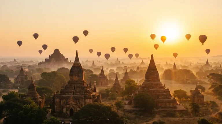 Bagan temple plain at dawn, hot-air balloons