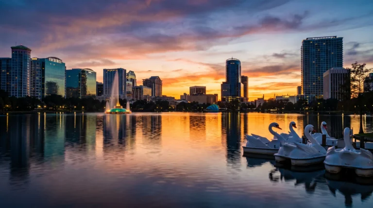 Lake Eola swan boats + downtown skyline at dusk