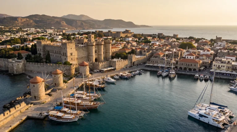 Aerial of the Palace of the Grand Master / Mandraki harbour