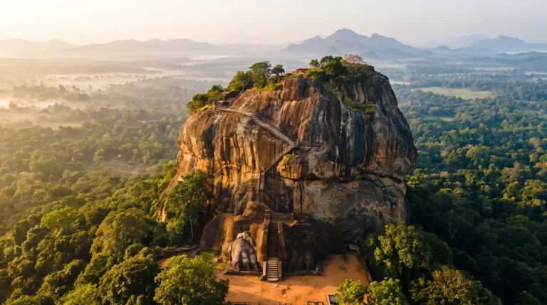 Sigiriya Rock aerial at sunrise, Lion's Paws terrace