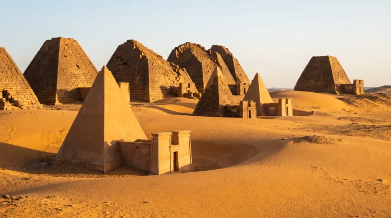 The Nubian pyramids of Meroe rising from golden Sahara dunes, Sudan