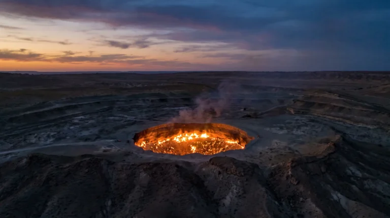 Darvaza gas crater at night, aerial