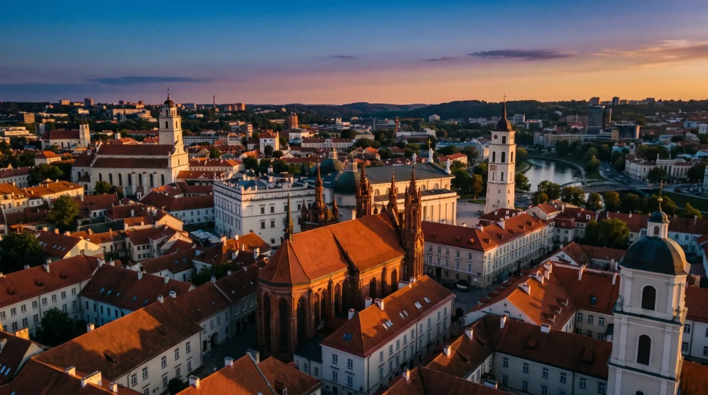 Vilnius Old Town rooftops at dusk
