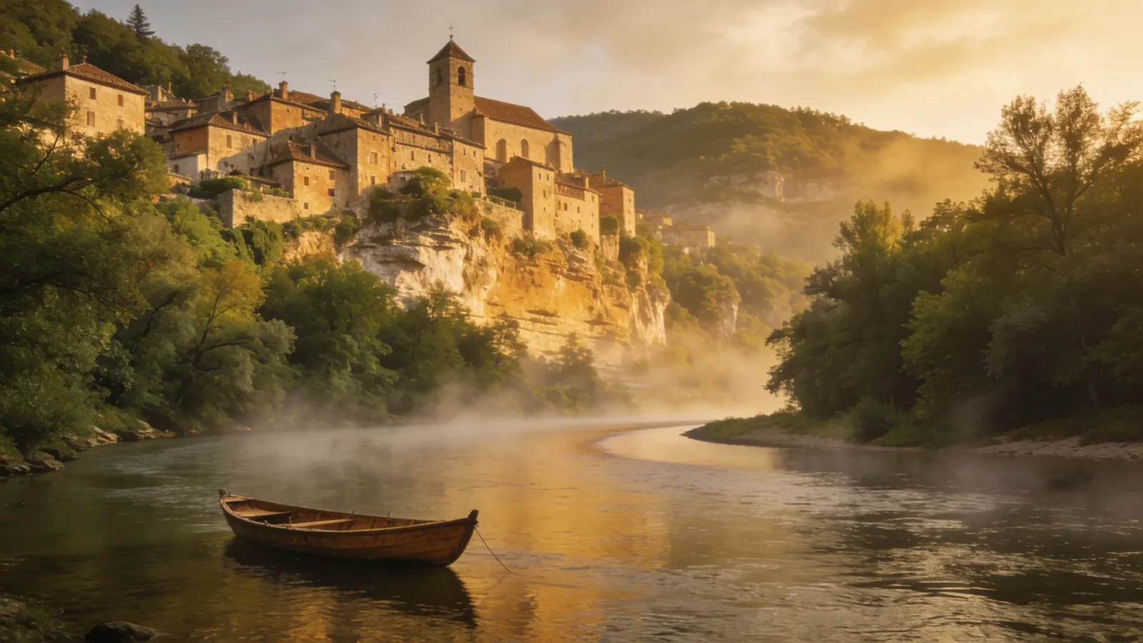 Medieval stone village on a cliff above the Dordogne river in morning mist